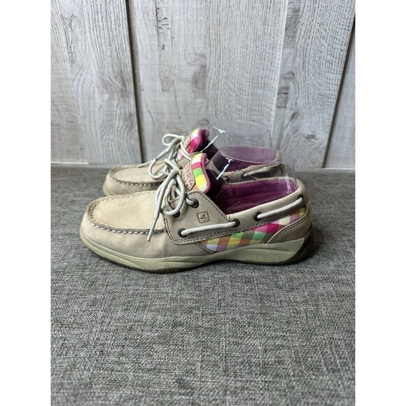 Girls Sperry Top Sider Boat Shoes Size 4M Intrepid Tan Leather Pink Green Plaid - Picture 4 of 7